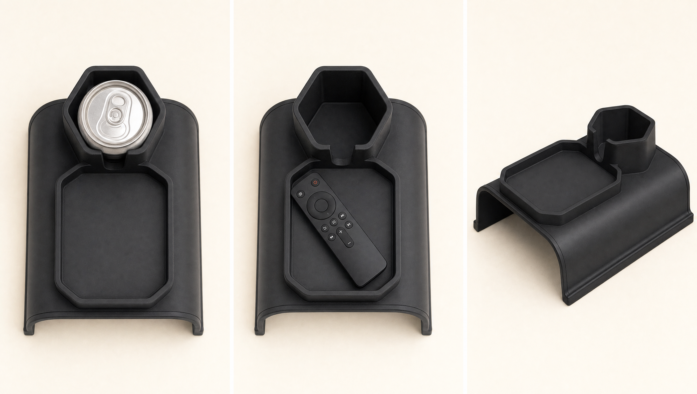 A side-by-side comparison of a silicone cup holder and a plastic one on a couch