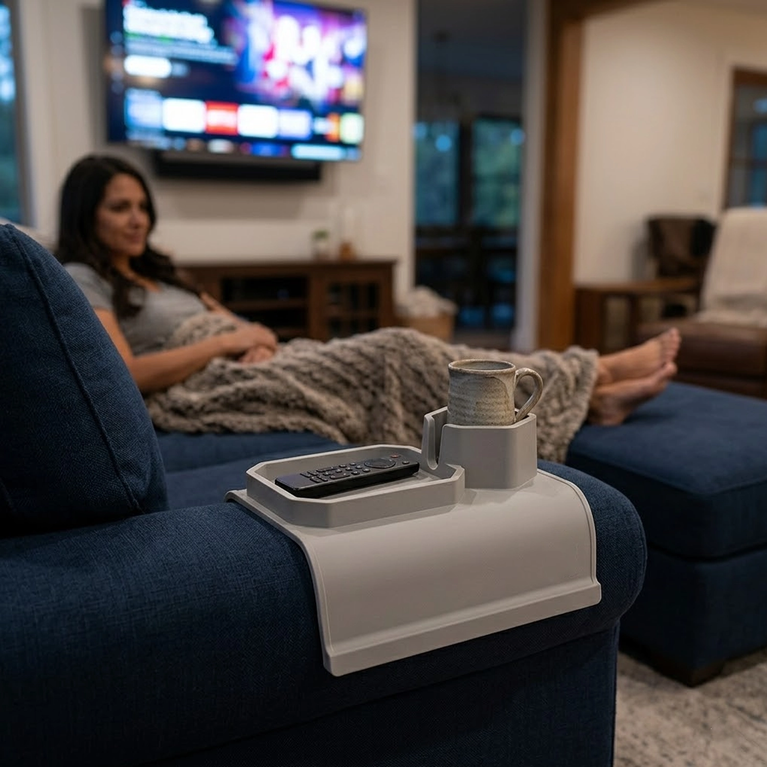 Sofa Sidekick on a navy sectional with a stoneware mug